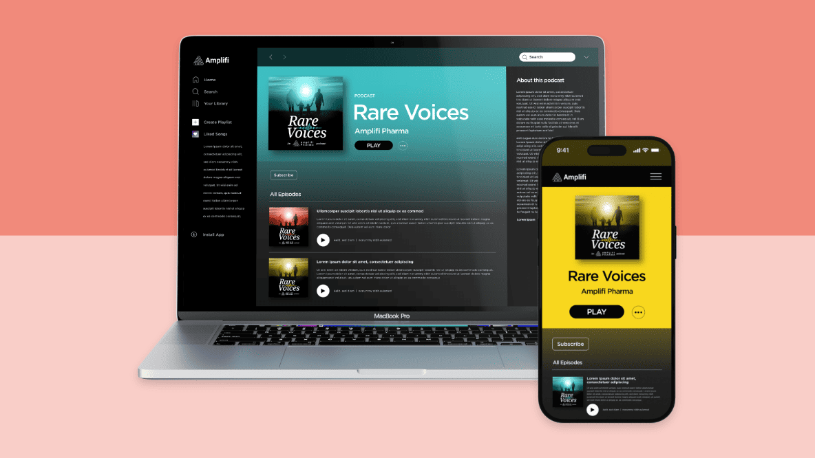 Laptop and mobile showing a patient disease awareness podcast series