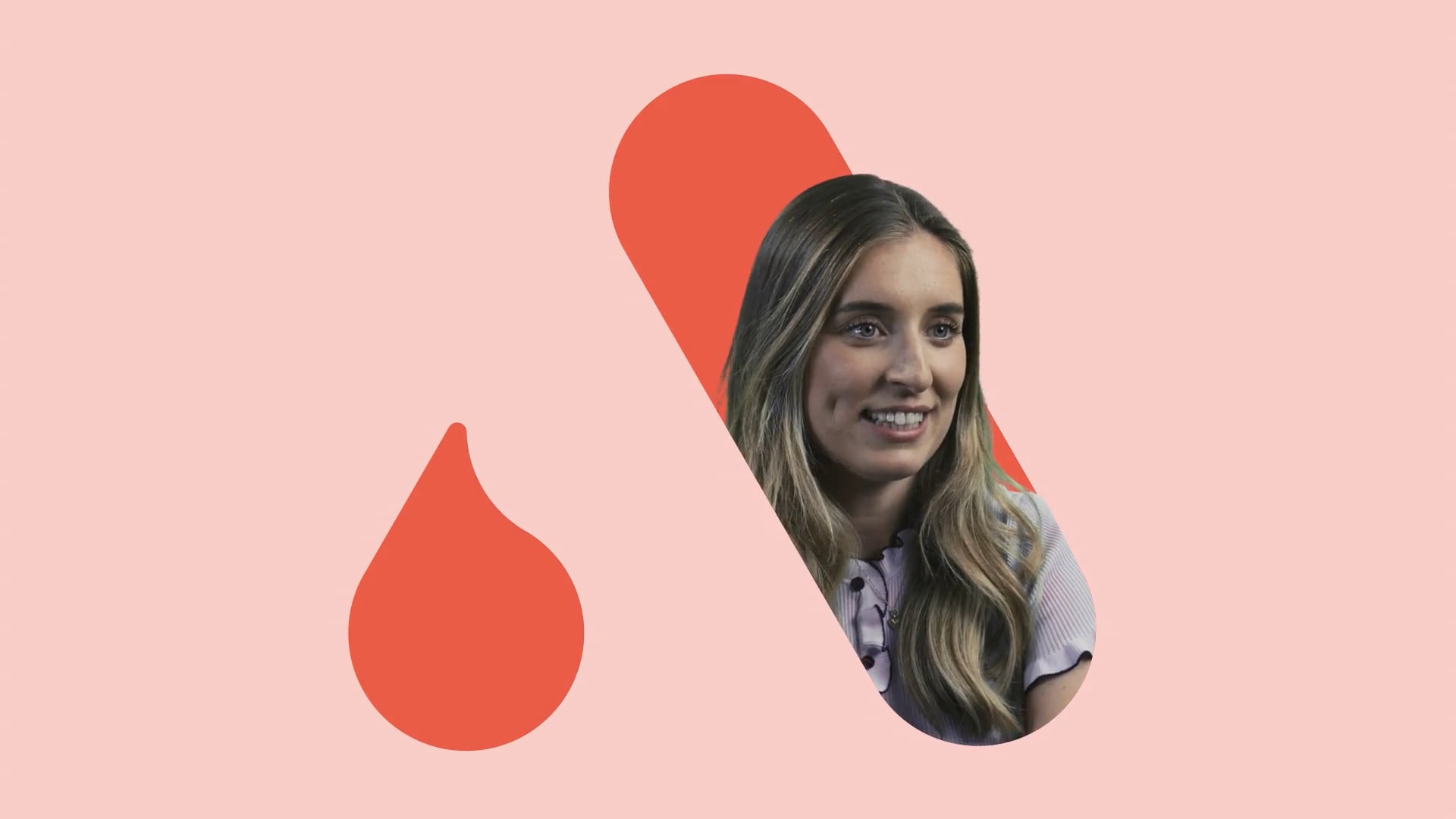 Light coral background with the Amiculum logo and a photo of a person emerging through the logo