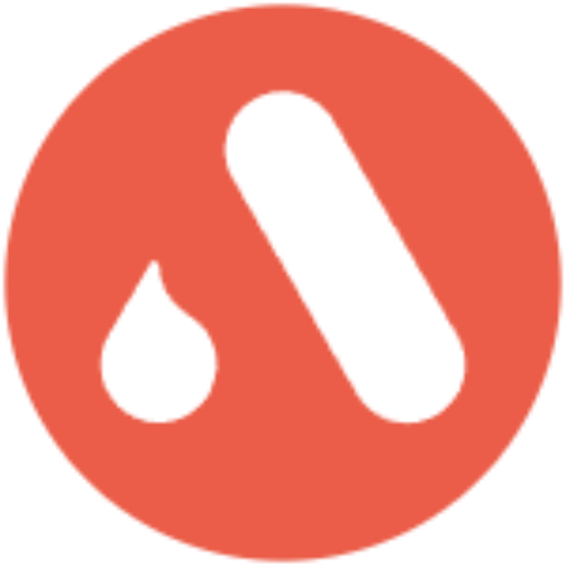 Coral circle containing a white Amiculum logo comprising a stylised A made from a quotation mark and an angled lozenge shape 