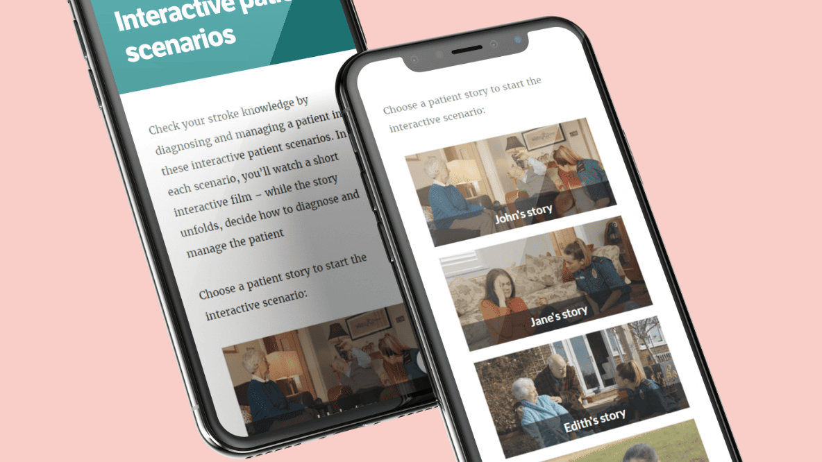 Mobile phone screens showing a learning module