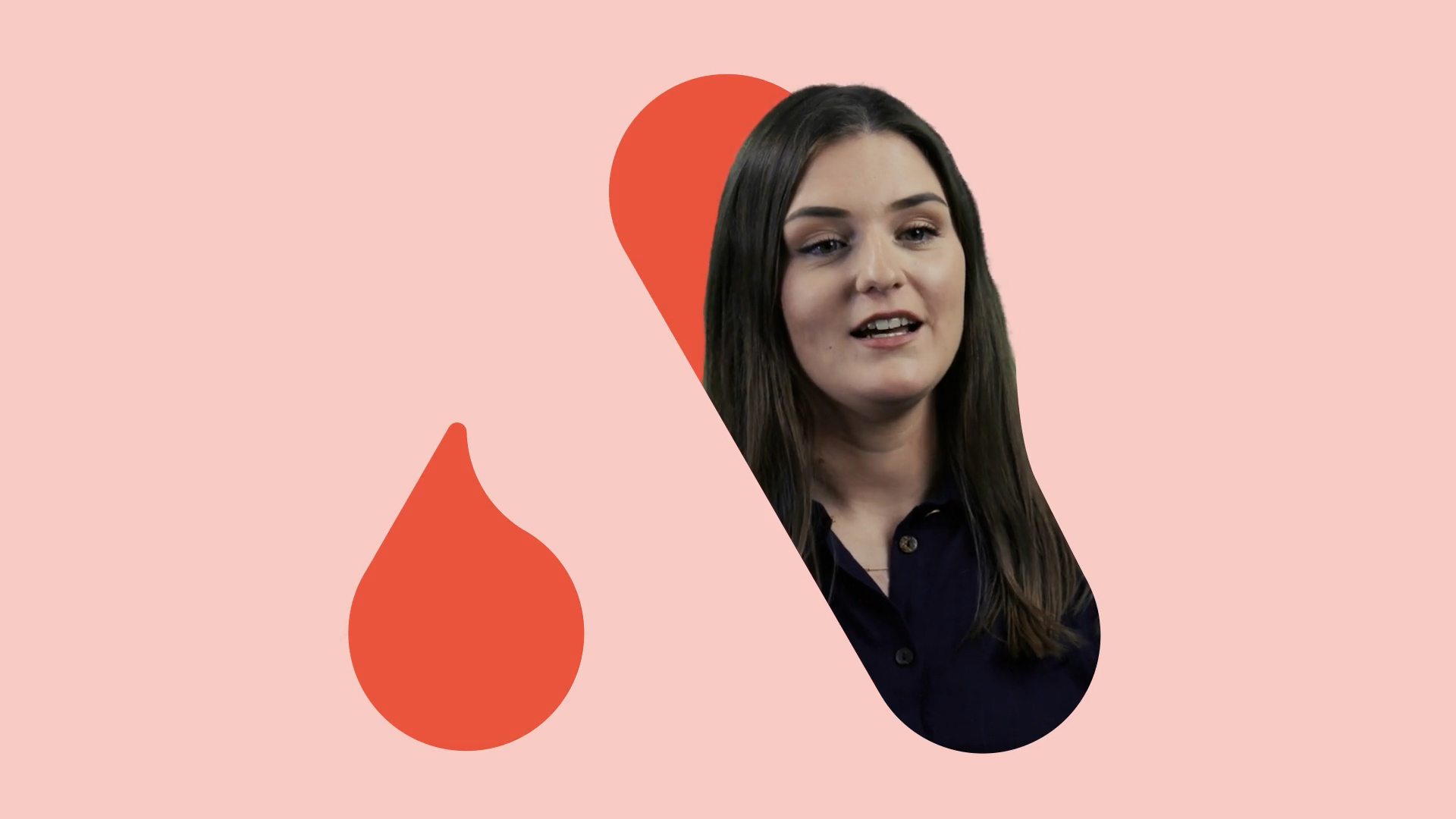 Light coral background with photo of a person emerging through a coral lozenge slanted to the left