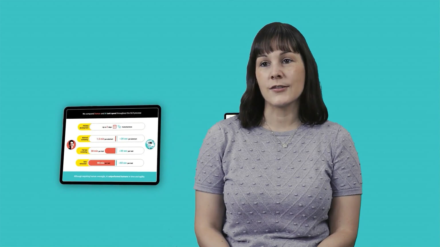 Person talking with an iPad to the left of them displaying data