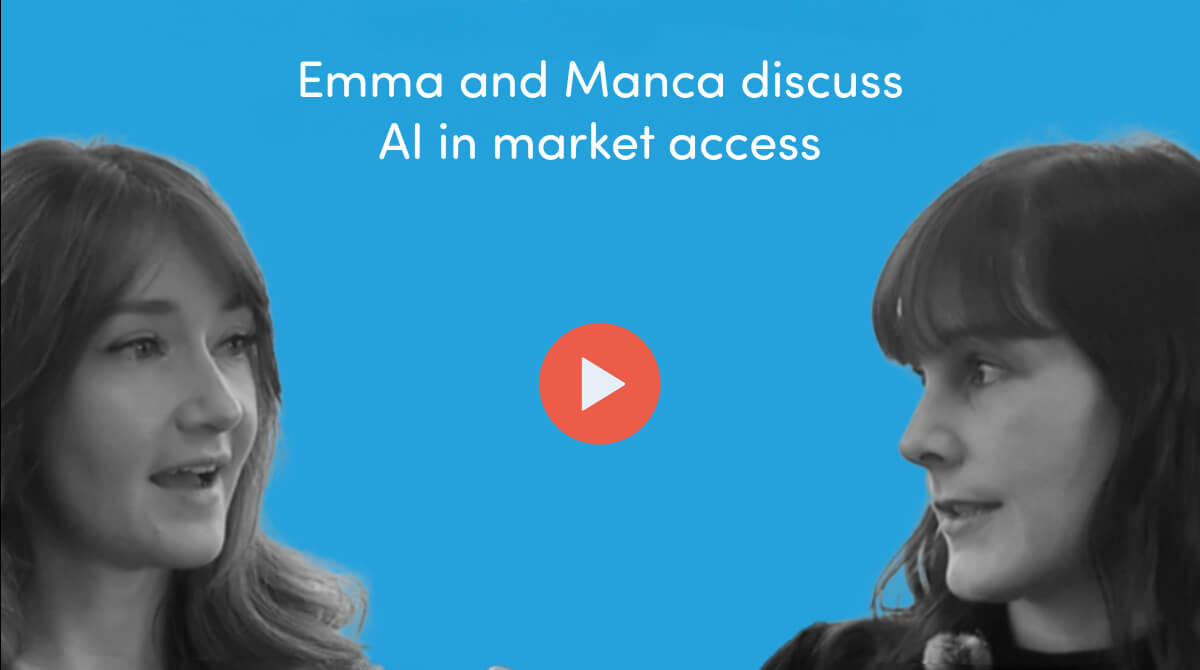Blue background with two people mid-conversation with a coral circle in the middle containing a white 'play' arrow. Above the people is white text that reads' Emma and Manca discuss AI in market access'
