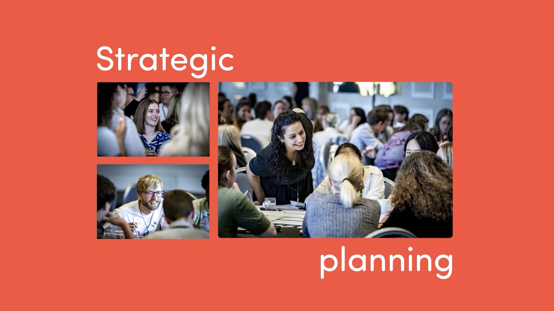 Coral background with a three photos of happy team members working together and the text 'strategic planning' in white