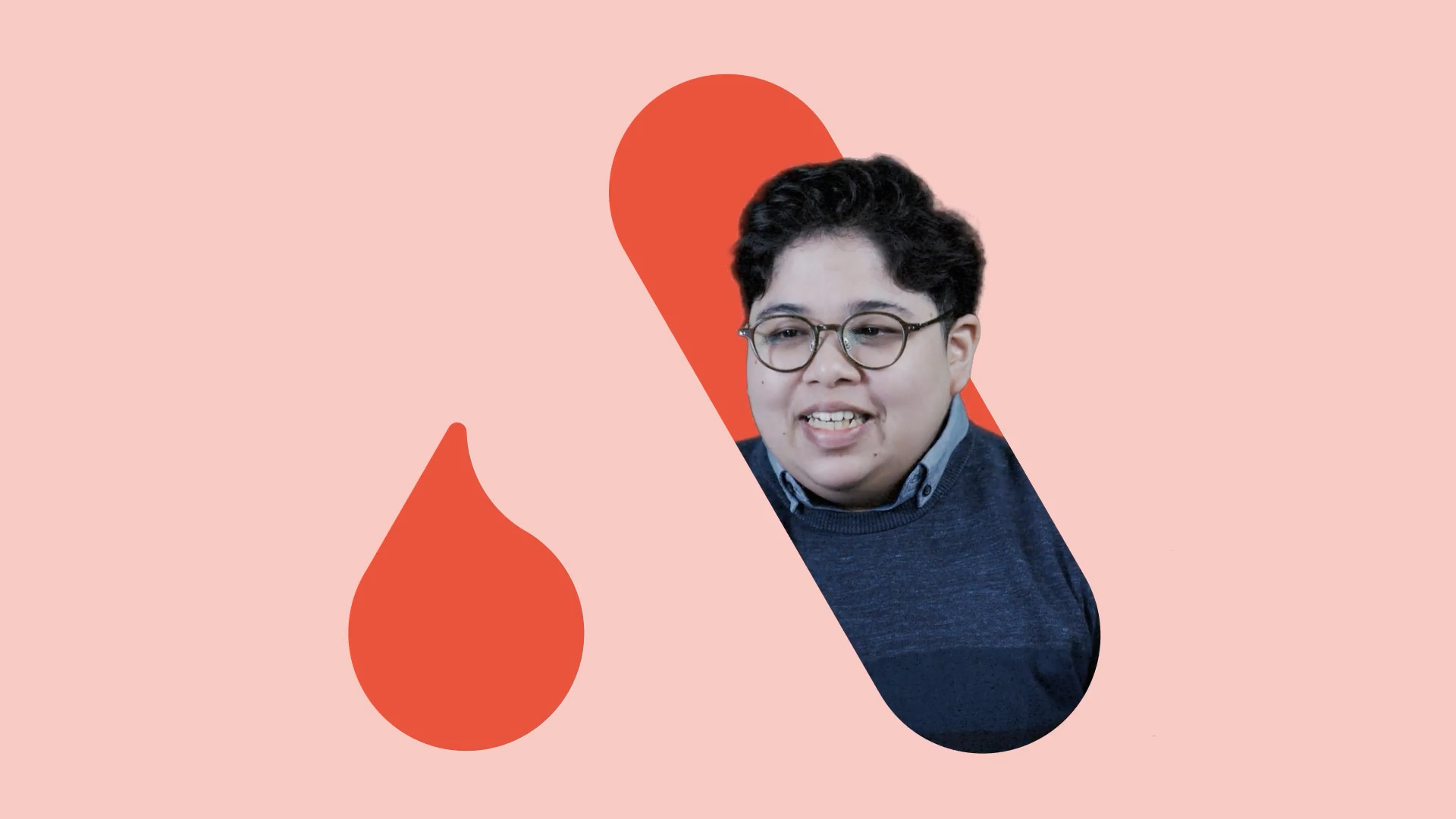 Light coral background with the Amiculum logo and a photo of a person emerging through the logo