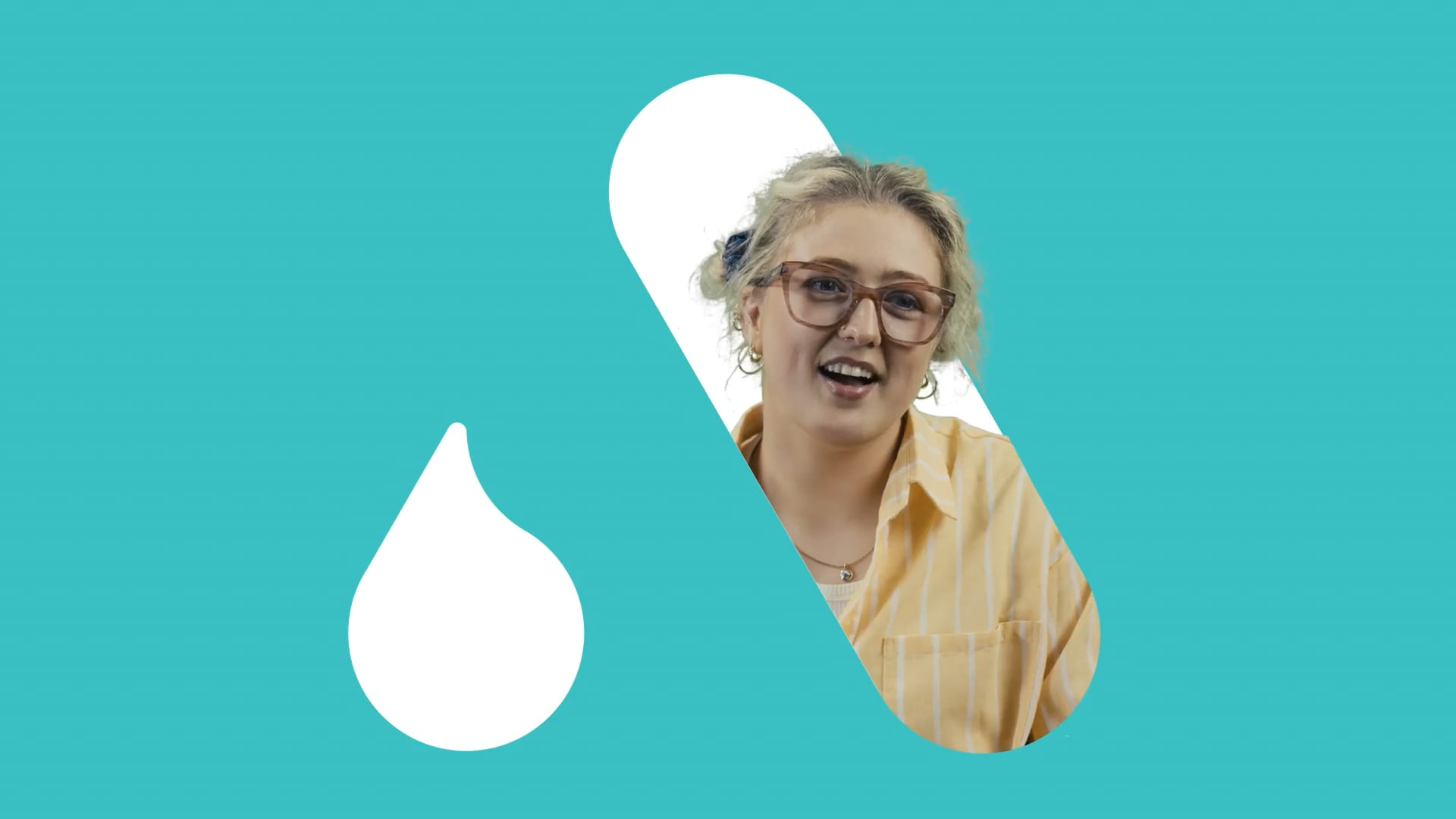 Aqua background with the Amiculum logo and a photo of a person emerging through the logo