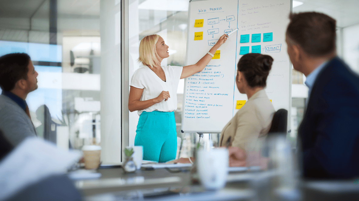 Photo of a team workshop session with a person guiding discussion