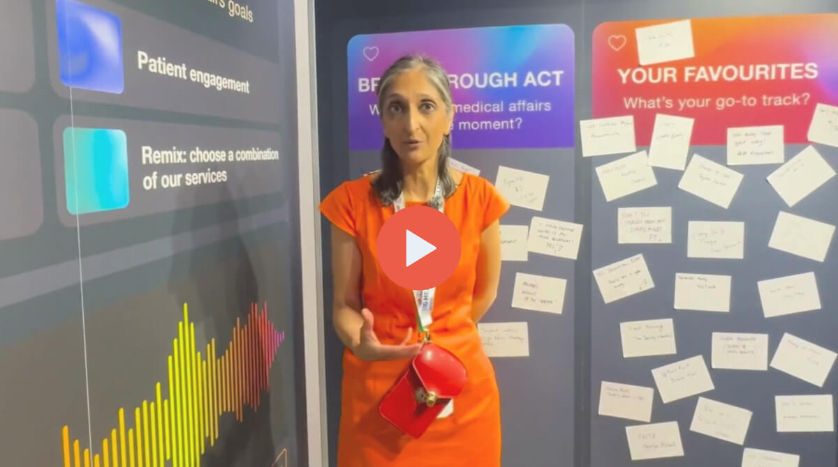 Photograph of a person in an orange dress talking stood in front of a colourful board with post-its on it